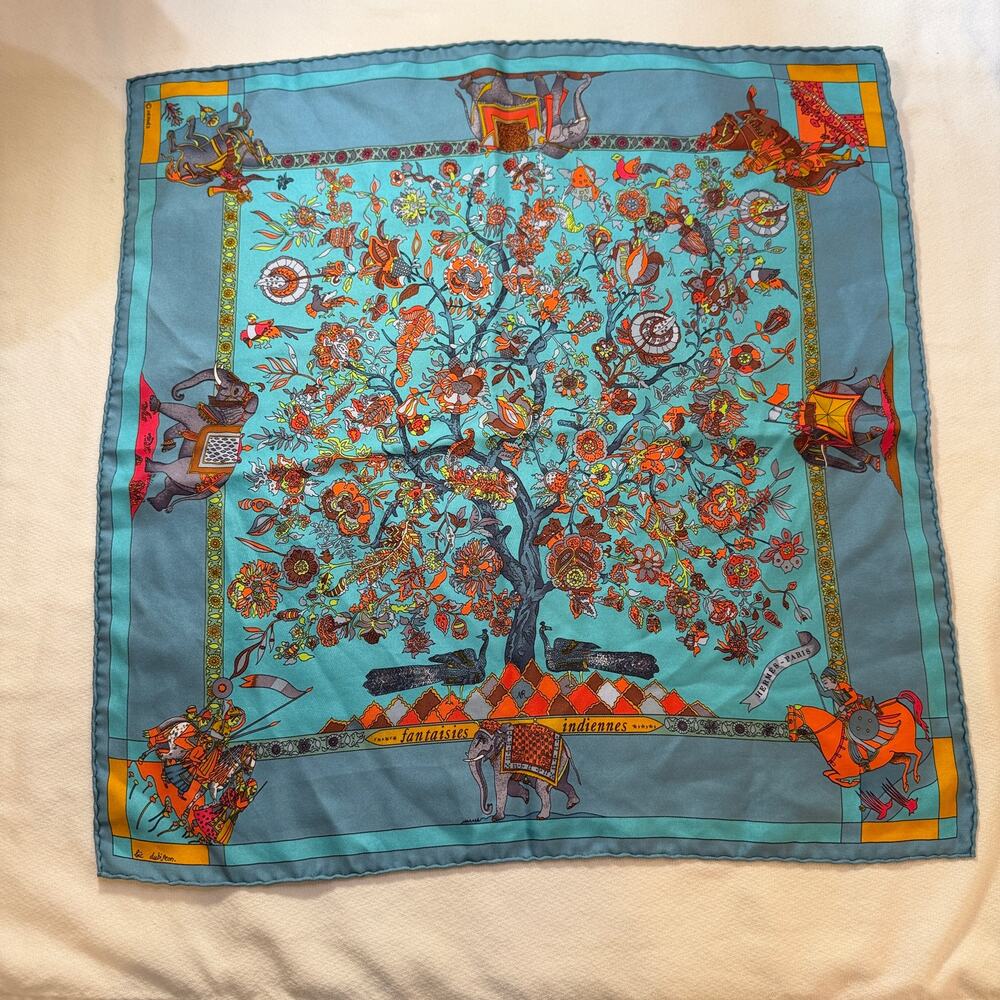 Hermes 'Fantasies Indiennes'  100% Silk Vintage Rolled Edge Pocket Square c.1987